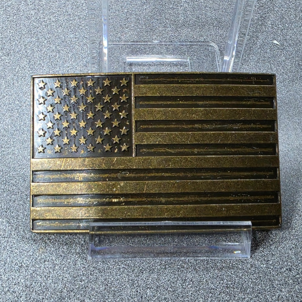 Brass American Flag‎ Belt Buckle Mens Excellent USA Patriotic Rectangle